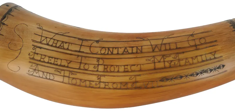 Powder Horn,
13", scrimshaw verse,
hunting scene, iron staple