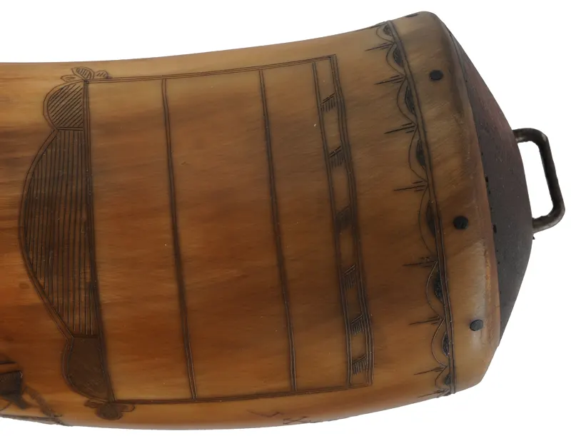 Powder Horn,
13", scrimshaw verse,
hunting scene, iron staple