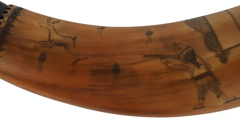 Powder Horn,
13", scrimshaw verse,
hunting scene, iron staple