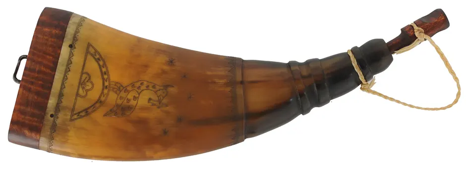 Flat Powder Horn,
9", scrimshaw Federal eagle, heron with fish,
maple base with staple