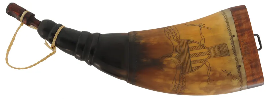 Flat Powder Horn,
9", scrimshaw Federal eagle, heron with fish,
maple base with staple