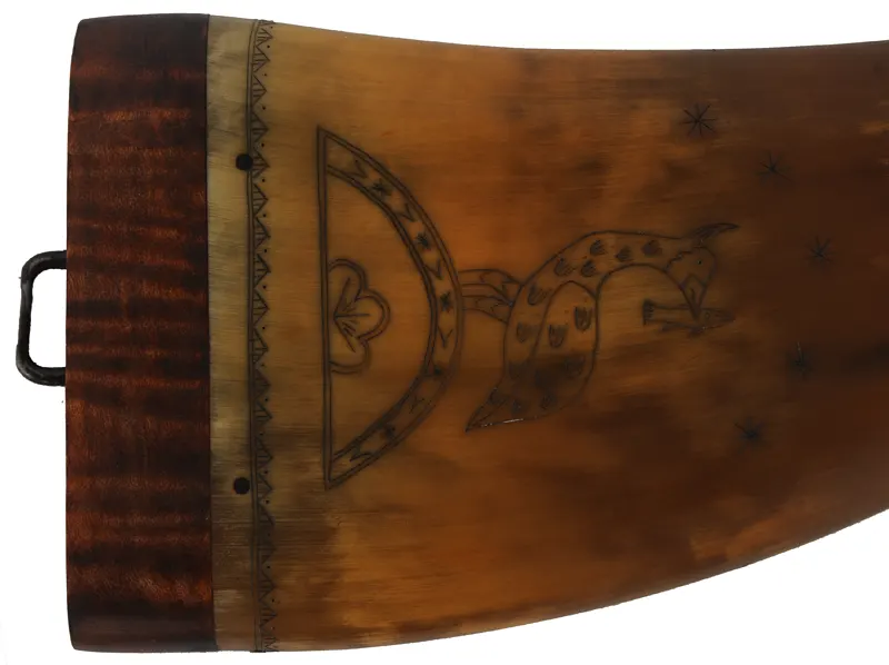 Flat Powder Horn,
9", scrimshaw Federal eagle, heron with fish,
maple base with staple