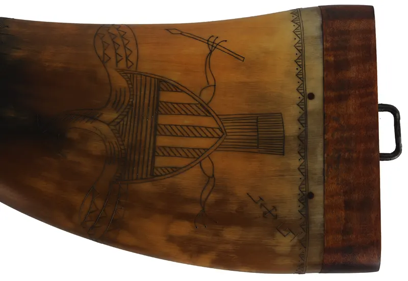 Flat Powder Horn,
9", scrimshaw Federal eagle, heron with fish,
maple base with staple