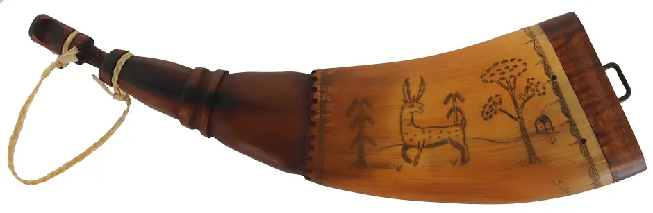 Flat Powder Horn,
9-1/2", scrimshaw deer & mandala,
maple base with staple