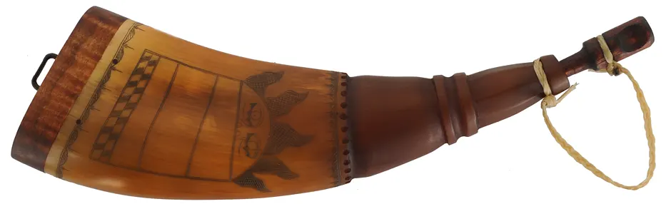 Flat Powder Horn,
9-1/2", scrimshaw deer & mandala,
maple base with staple