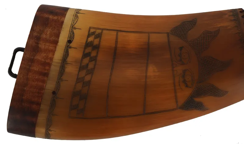 Flat Powder Horn,
9-1/2", scrimshaw deer & mandala,
maple base with staple