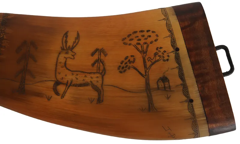 Flat Powder Horn,
9-1/2", scrimshaw deer & mandala,
maple base with staple