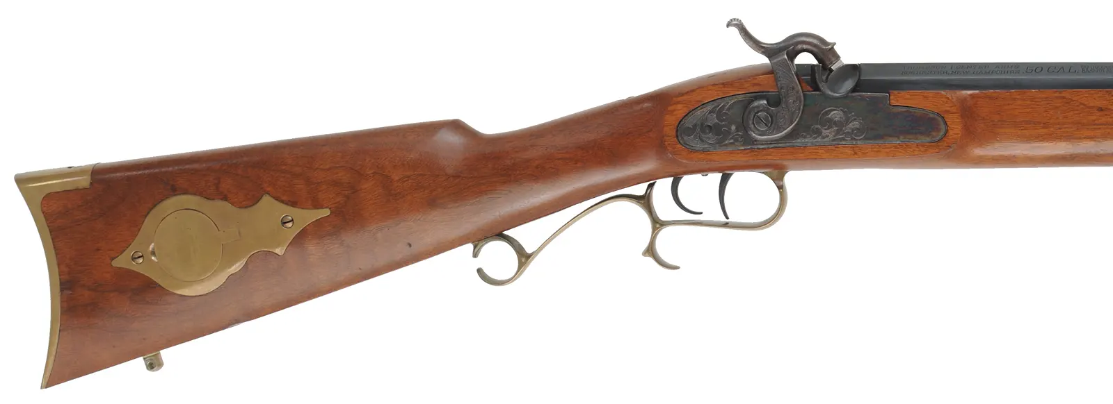 Thompson Center Hawken,
.50 caliber QLA muzzle, 28" barrel,
percussion, walnut, brass, used,
by Thompson Center Arms Thompson Center Hawken,
.50 caliber QLA muzzle, 28" barrel,
percussion, walnut, brass, used,
by Thompson Center Arms