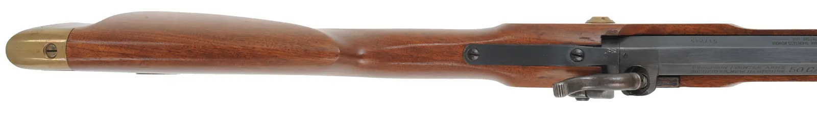 Thompson Center Hawken,
.50 caliber QLA muzzle, 28" barrel,
percussion, walnut, brass, used,
by Thompson Center Arms Thompson Center Hawken,
.50 caliber QLA muzzle, 28" barrel,
percussion, walnut, brass, used,
by Thompson Center Arms