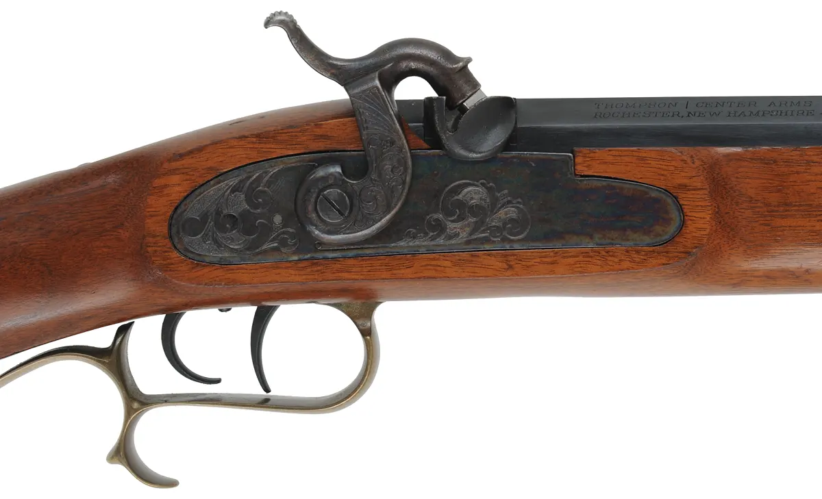 Thompson Center Hawken,
.50 caliber QLA muzzle, 28" barrel,
percussion, walnut, brass, used,
by Thompson Center Arms Thompson Center Hawken,
.50 caliber QLA muzzle, 28" barrel,
percussion, walnut, brass, used,
by Thompson Center Arms