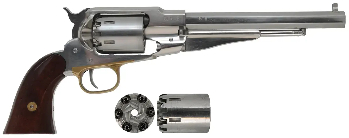 1858 Remington New Model Army Revolver,
.44 caliber, 8" barrel, 
percussion, stainless steel frame, walnut grips,
extra cylinder, used, by Pietta 1858 Remington New Model Army Revolver,
.44 caliber, 8" barrel, 
percussion, stainless steel frame, walnut grips,
extra cylinder, used, by Pietta