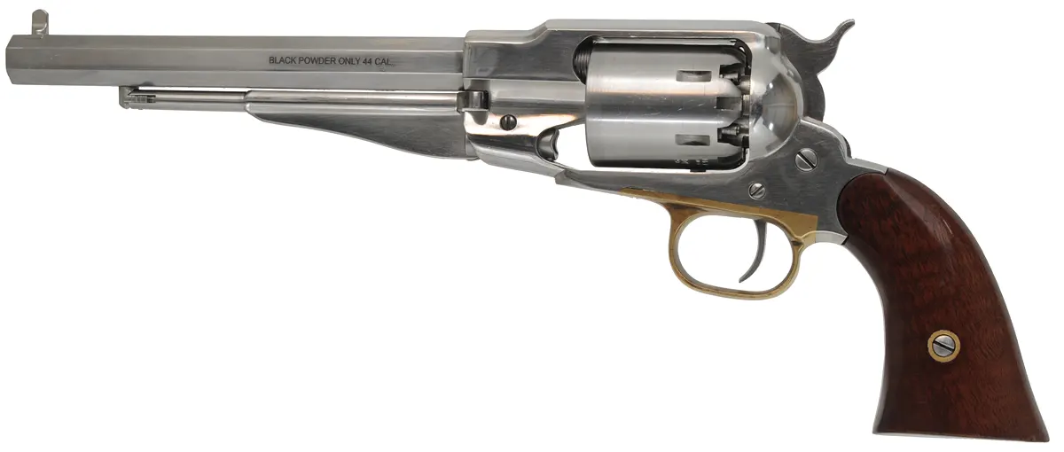 1858 Remington New Model Army Revolver,
.44 caliber, 8" barrel, 
percussion, stainless steel frame, walnut grips,
extra cylinder, used, by Pietta 1858 Remington New Model Army Revolver,
.44 caliber, 8" barrel, 
percussion, stainless steel frame, walnut grips,
extra cylinder, used, by Pietta