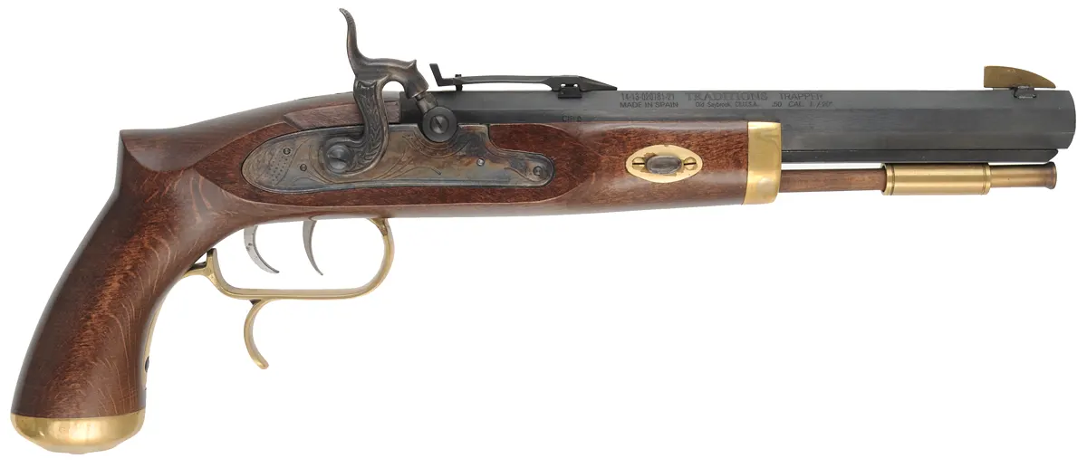 Trapper Pistol,
 .50 caliber, 9-3/4" barrel,
percussion, set triggers, used, by Traditions Trapper Pistol,
 .50 caliber, 9-3/4" barrel,
percussion, set triggers, used, by Traditions