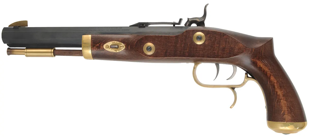 Trapper Pistol,
 .50 caliber, 9-3/4" barrel,
percussion, set triggers, used, by Traditions Trapper Pistol,
 .50 caliber, 9-3/4" barrel,
percussion, set triggers, used, by Traditions