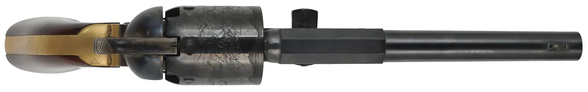 Third Model Dragoon Revolver
.44 caliber, 7-1/2" barrel,
blued, used with factory carton,
by Aldo Uberti & Co. Third Model Dragoon Revolver
.44 caliber, 7-1/2" barrel,
blued, used with factory carton,
by Aldo Uberti & Co.