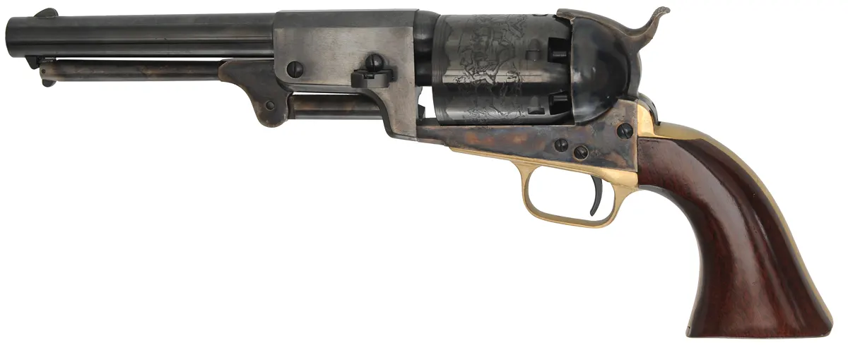 Third Model Dragoon Revolver
.44 caliber, 7-1/2" barrel,
blued, used with factory carton,
by Aldo Uberti & Co. Third Model Dragoon Revolver
.44 caliber, 7-1/2" barrel,
blued, used with factory carton,
by Aldo Uberti & Co.