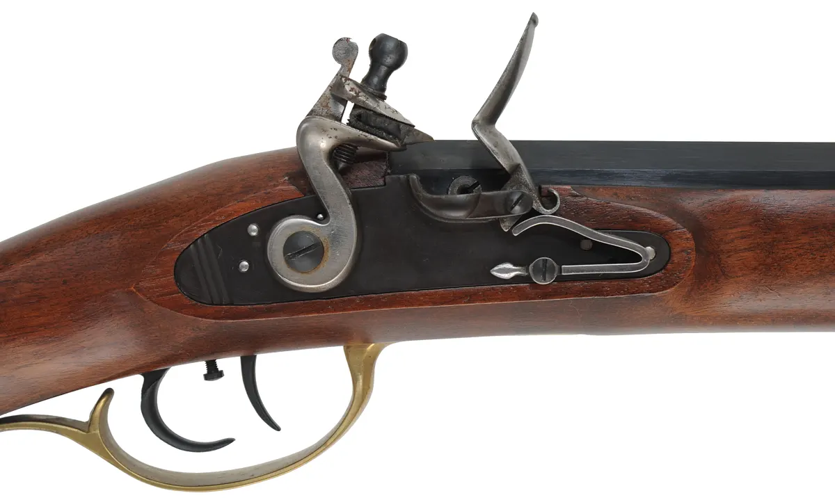 Kentucky Rifle,
.50 caliber, 35-1/2" octagon barrel,
flintlock, walnut, brass trim,
used, by Davide Pedersoli Kentucky Rifle,
.50 caliber, 35-1/2" octagon barrel,
flintlock, walnut, brass trim,
used, by Davide Pedersoli