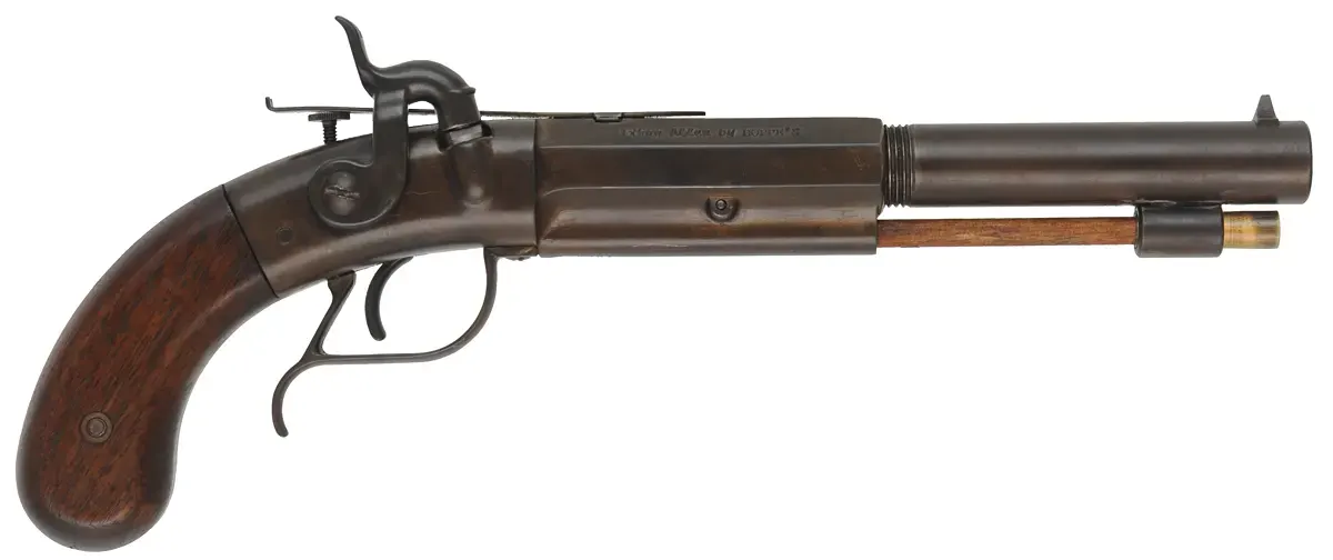 Ethan Allen Boot Pistol,
.45 caliber 7" barrel,
percussion box lock, walnut, browned, 
from a kit imported by Hoppe's Ethan Allen Boot Pistol,
.45 caliber 7" barrel,
percussion box lock, walnut, browned, 
from a kit imported by Hoppe's