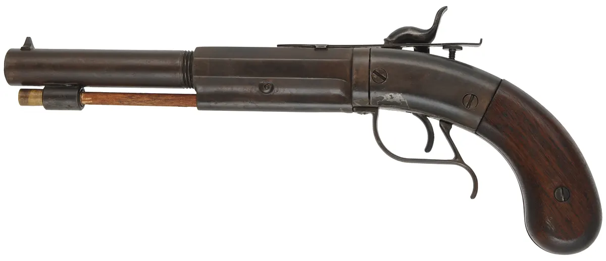 Ethan Allen Boot Pistol,
.45 caliber 7" barrel,
percussion box lock, walnut, browned, 
from a kit imported by Hoppe's Ethan Allen Boot Pistol,
.45 caliber 7" barrel,
percussion box lock, walnut, browned, 
from a kit imported by Hoppe's
