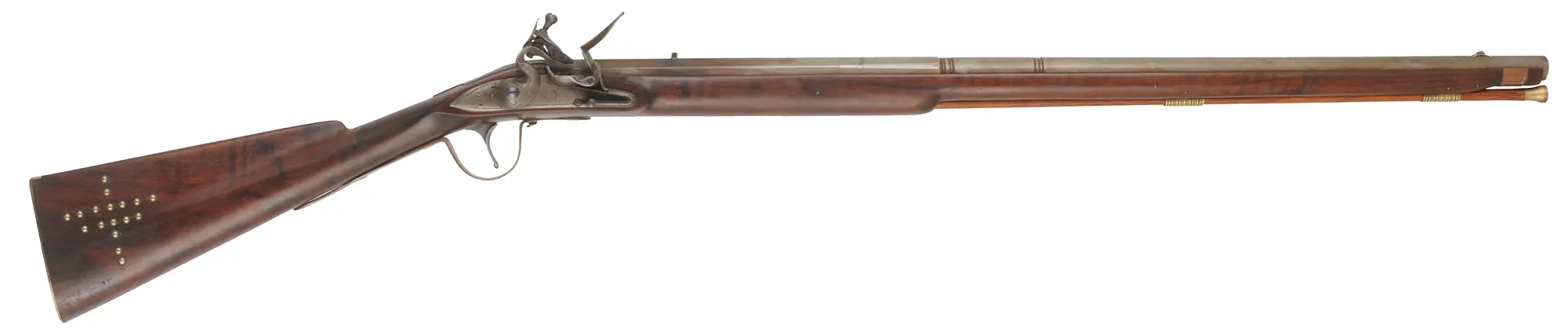 Northwest Trade Gun,
20 gauge, 32" tapered octagon-to-round barrel,
L&R flintlock, walnut, brass & iron, tacks, used Northwest Trade Gun,
20 gauge, 32" tapered octagon-to-round barrel,
L&R flintlock, walnut, brass & iron, tacks, used