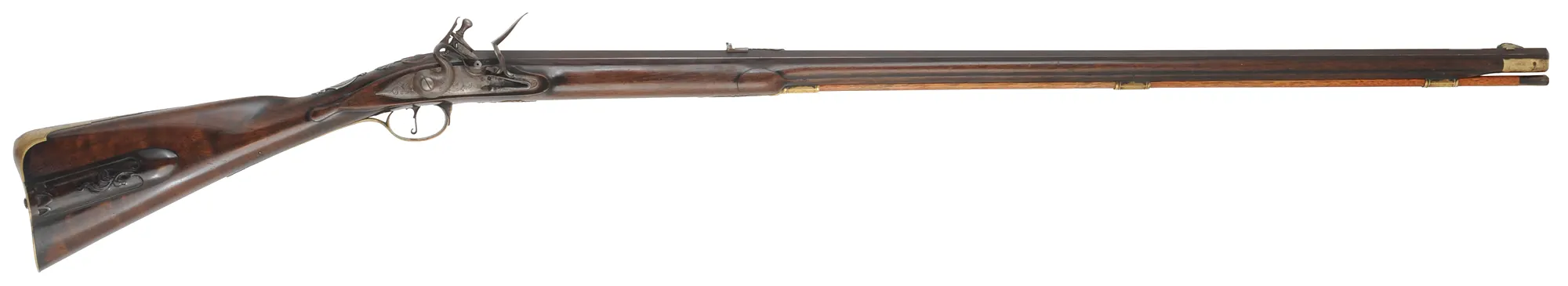 Southern Longrifle,
.50 caliber coned muzzle, 42" swamped barrel,
flintlock, curly maple, engraved brass trim,
used, by Robert Harn Southern Longrifle,
.50 caliber coned muzzle, 42" swamped barrel,
flintlock, curly maple, engraved brass trim,
used, by Robert Harn