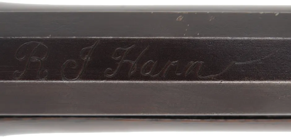 Southern Longrifle,
.50 caliber coned muzzle, 42" swamped barrel,
flintlock, curly maple, engraved brass trim,
used, by Robert Harn Southern Longrifle,
.50 caliber coned muzzle, 42" swamped barrel,
flintlock, curly maple, engraved brass trim,
used, by Robert Harn