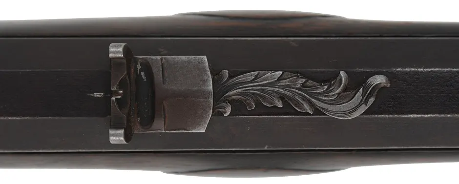 Southern Longrifle,
.50 caliber coned muzzle, 42" swamped barrel,
flintlock, curly maple, engraved brass trim,
used, by Robert Harn Southern Longrifle,
.50 caliber coned muzzle, 42" swamped barrel,
flintlock, curly maple, engraved brass trim,
used, by Robert Harn