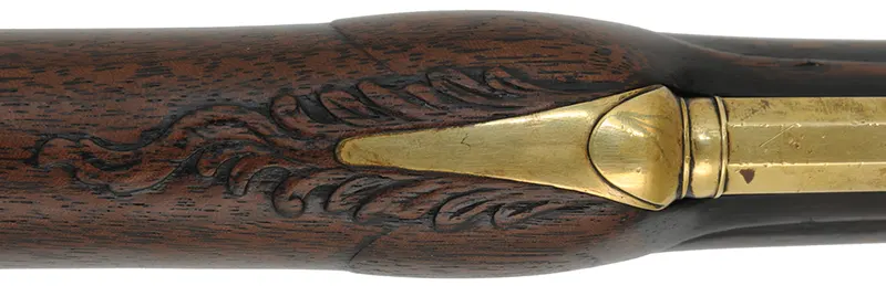 Southern Longrifle,
.50 caliber coned muzzle, 42" swamped barrel,
flintlock, curly maple, engraved brass trim,
used, by Robert Harn Southern Longrifle,
.50 caliber coned muzzle, 42" swamped barrel,
flintlock, curly maple, engraved brass trim,
used, by Robert Harn