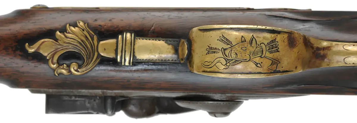 Southern Longrifle,
.50 caliber coned muzzle, 42" swamped barrel,
flintlock, curly maple, engraved brass trim,
used, by Robert Harn Southern Longrifle,
.50 caliber coned muzzle, 42" swamped barrel,
flintlock, curly maple, engraved brass trim,
used, by Robert Harn