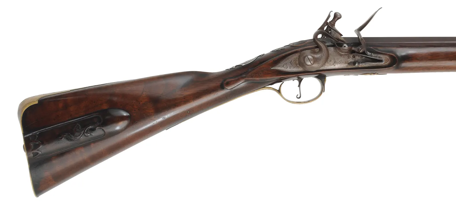 Southern Longrifle,
.50 caliber coned muzzle, 42" swamped barrel,
flintlock, curly maple, engraved brass trim,
used, by Robert Harn Southern Longrifle,
.50 caliber coned muzzle, 42" swamped barrel,
flintlock, curly maple, engraved brass trim,
used, by Robert Harn