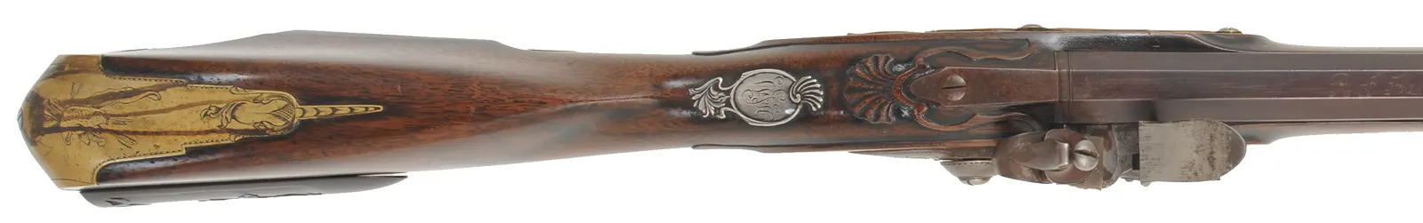 Southern Longrifle,
.50 caliber coned muzzle, 42" swamped barrel,
flintlock, curly maple, engraved brass trim,
used, by Robert Harn Southern Longrifle,
.50 caliber coned muzzle, 42" swamped barrel,
flintlock, curly maple, engraved brass trim,
used, by Robert Harn