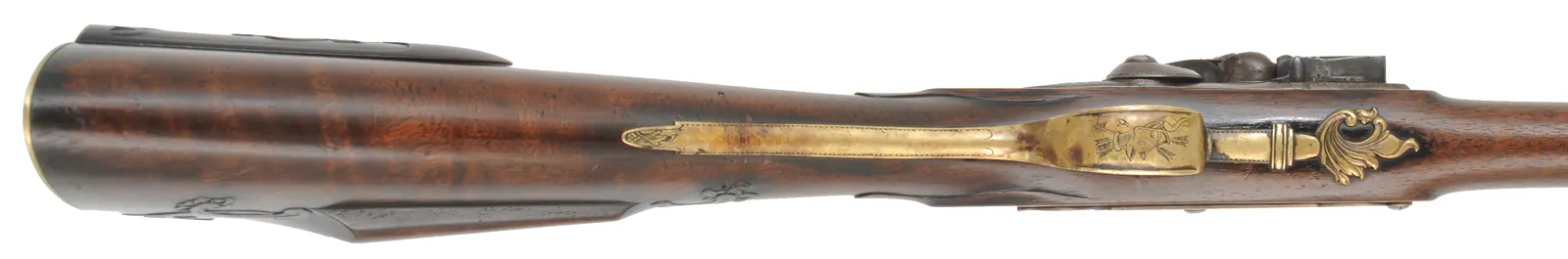 Southern Longrifle,
.50 caliber coned muzzle, 42" swamped barrel,
flintlock, curly maple, engraved brass trim,
used, by Robert Harn Southern Longrifle,
.50 caliber coned muzzle, 42" swamped barrel,
flintlock, curly maple, engraved brass trim,
used, by Robert Harn