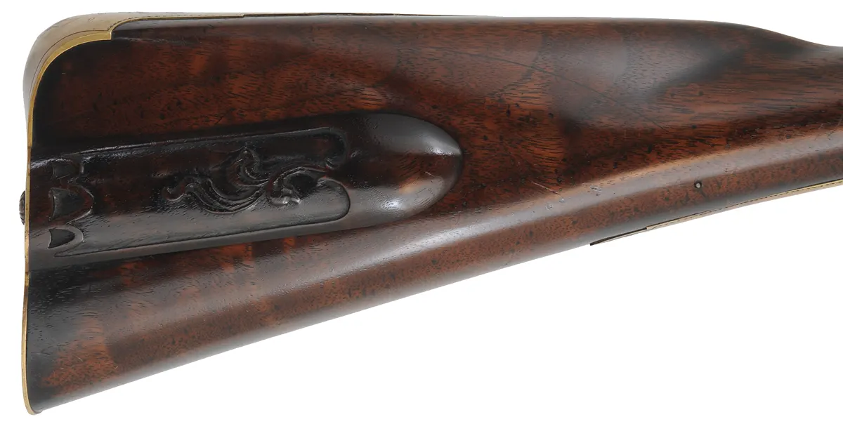 Southern Longrifle,
.50 caliber coned muzzle, 42" swamped barrel,
flintlock, curly maple, engraved brass trim,
used, by Robert Harn Southern Longrifle,
.50 caliber coned muzzle, 42" swamped barrel,
flintlock, curly maple, engraved brass trim,
used, by Robert Harn