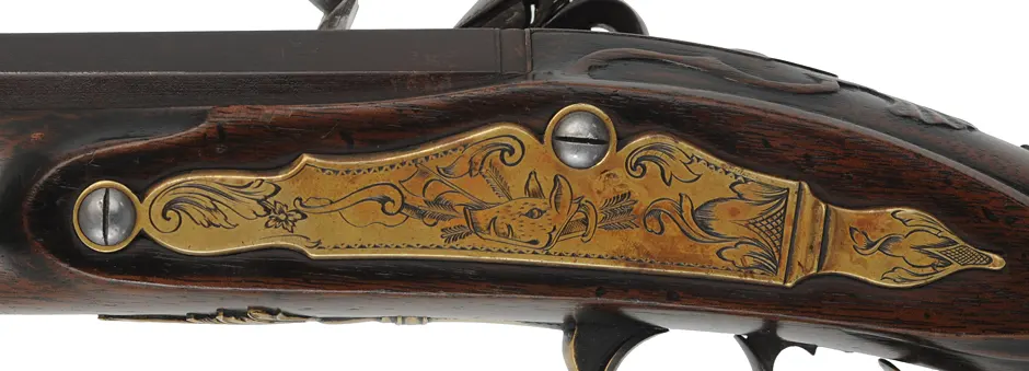 Southern Longrifle,
.50 caliber coned muzzle, 42" swamped barrel,
flintlock, curly maple, engraved brass trim,
used, by Robert Harn Southern Longrifle,
.50 caliber coned muzzle, 42" swamped barrel,
flintlock, curly maple, engraved brass trim,
used, by Robert Harn