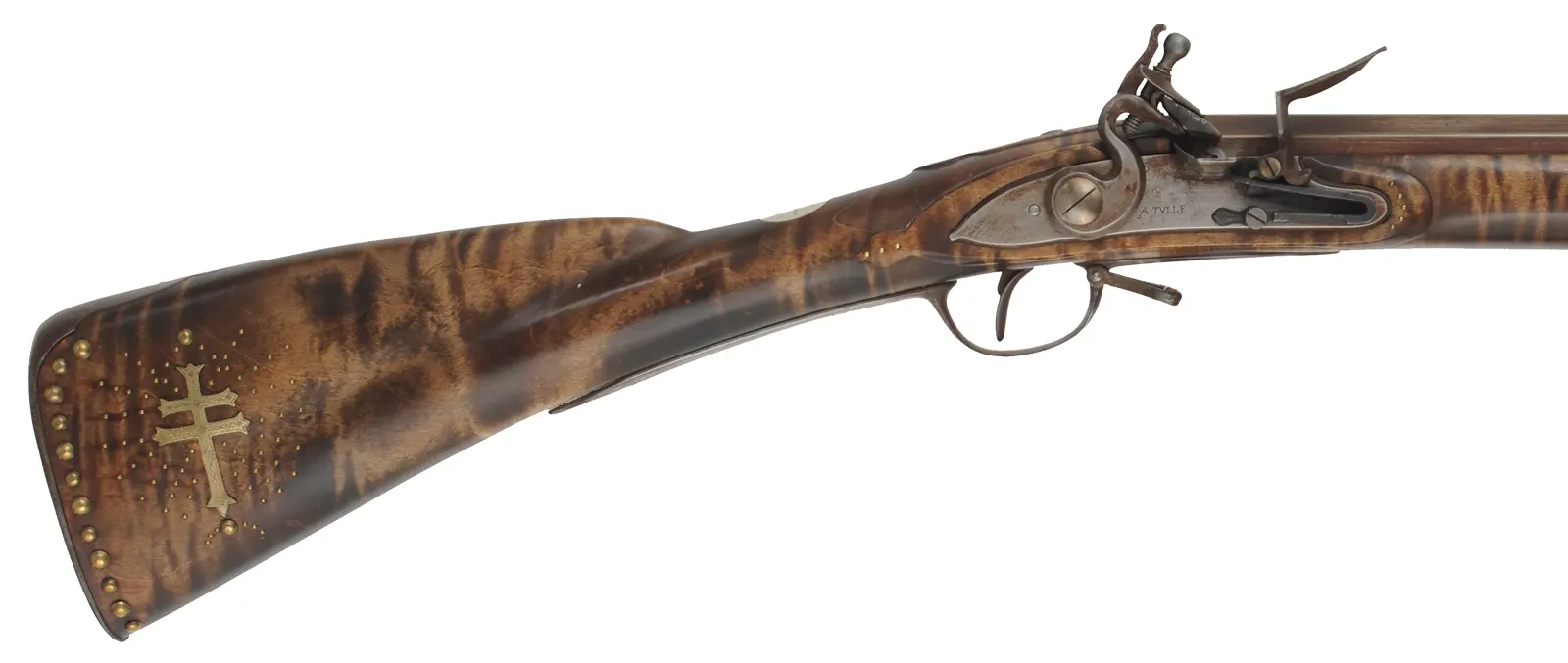 French Tulle fusil-de-chasse,
20 gauge, 44" octagon-to-round barrel, 
TVLLE marked flintlock, maple, patina finished iron trim,
cross and brass tacks, sling, used