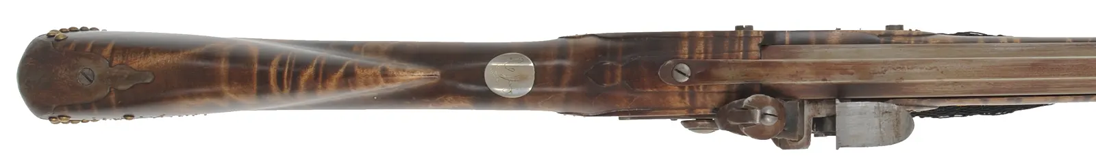 French Tulle fusil-de-chasse,
20 gauge, 44" octagon-to-round barrel, 
TVLLE marked flintlock, maple, patina finished iron trim,
cross and brass tacks, sling, used