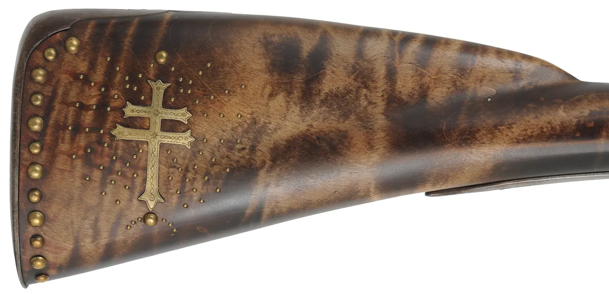 French Tulle fusil-de-chasse,
20 gauge, 44" octagon-to-round barrel, 
TVLLE marked flintlock, maple, patina finished iron trim,
cross and brass tacks, sling, used