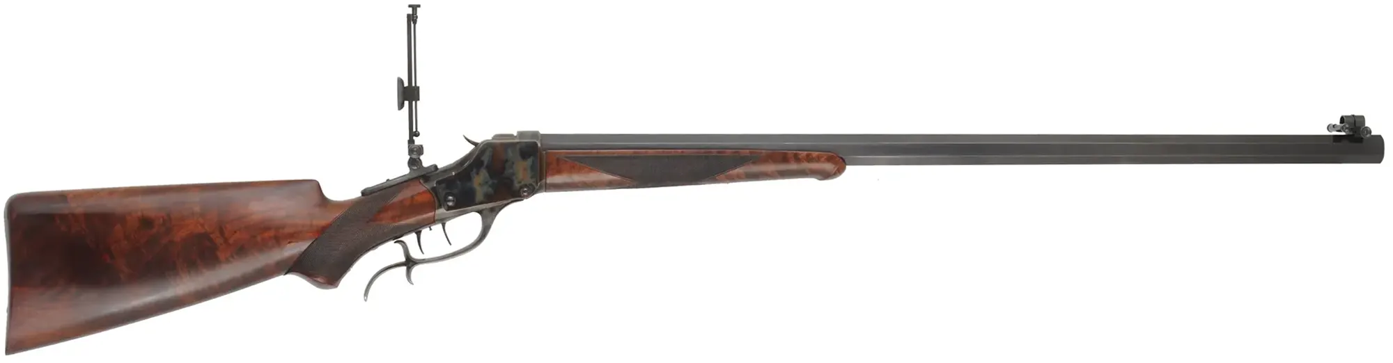 1885 Winchester High Wall Rifle,
caliber .40-65 Ron Long, 29-1/2" Ron Long barrel, 
figured walnut, iron, double set triggers,
used, attributed to Ron Long