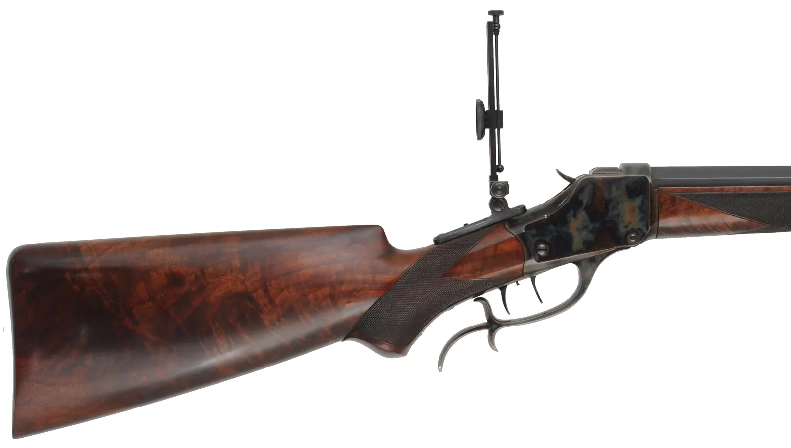 1885 Winchester High Wall Rifle,
caliber .40-65 Ron Long, 29-1/2" Ron Long barrel, 
figured walnut, iron, double set triggers,
used, attributed to Ron Long