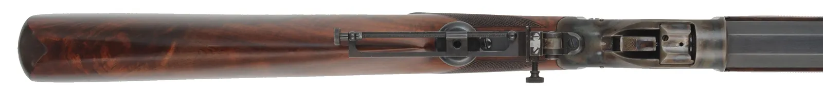 1885 Winchester High Wall Rifle,
caliber .40-65 Ron Long, 29-1/2" Ron Long barrel, 
figured walnut, iron, double set triggers,
used, attributed to Ron Long