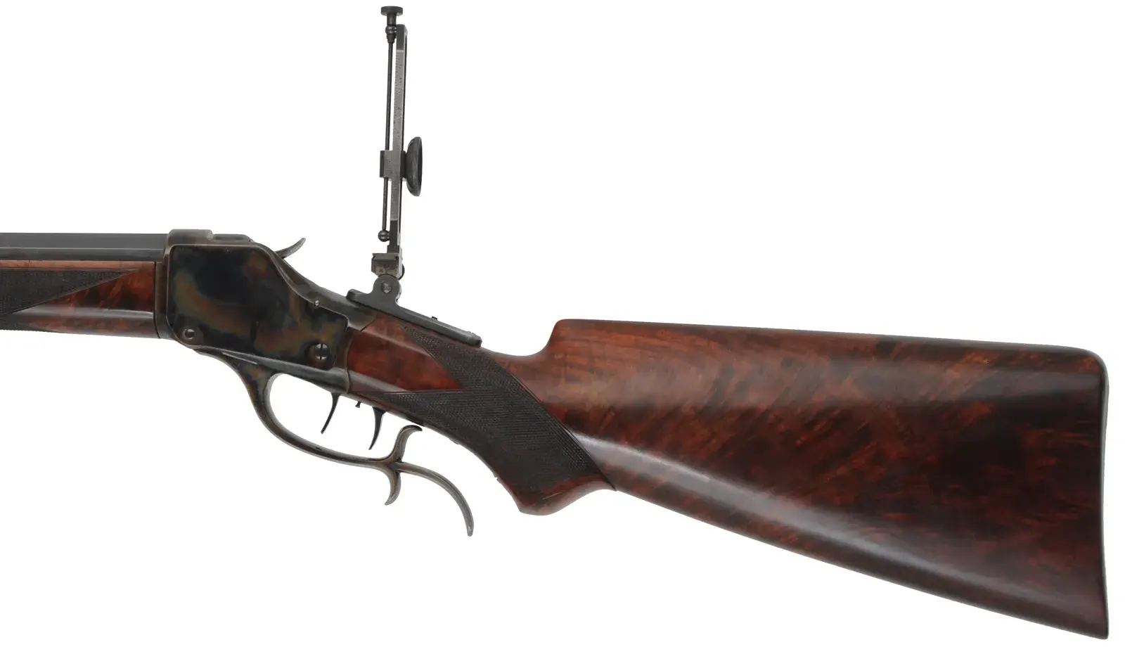 1885 Winchester High Wall Rifle,
caliber .40-65 Ron Long, 29-1/2" Ron Long barrel, 
figured walnut, iron, double set triggers,
used, attributed to Ron Long