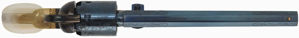 Model 1851 Colt Navy Revolver, 
.36 caliber,  7-1/2" barrel, 
engraved, fire blued, faux ivory grips,
used, by Aldo Uberti