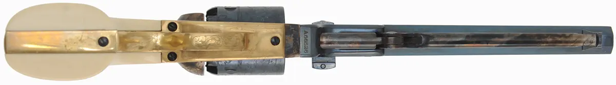 Model 1851 Colt Navy Revolver, 
.36 caliber,  7-1/2" barrel, 
engraved, fire blued, faux ivory grips,
used, by Aldo Uberti