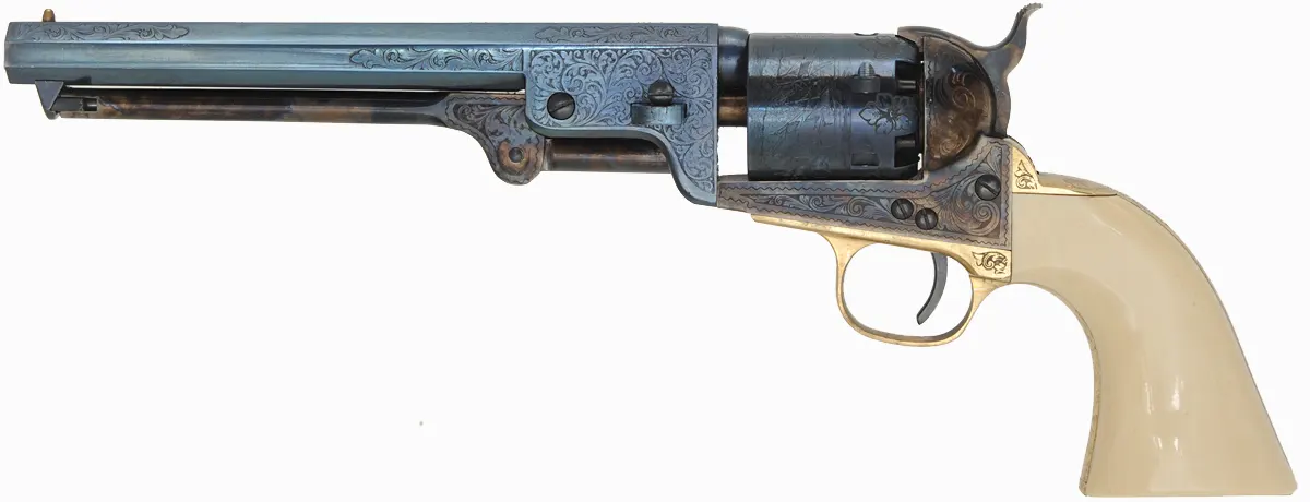 Model 1851 Colt Navy Revolver, 
.36 caliber,  7-1/2" barrel, 
engraved, fire blued, faux ivory grips,
used, by Aldo Uberti
