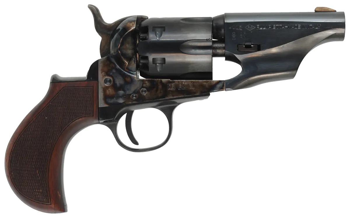 Snub Nose 1861 Colt Army Revolver
.36 caliber, 3" barrel,
bird's head walnut grip, color case hardened frame, 
used,  by Pietta of Italy