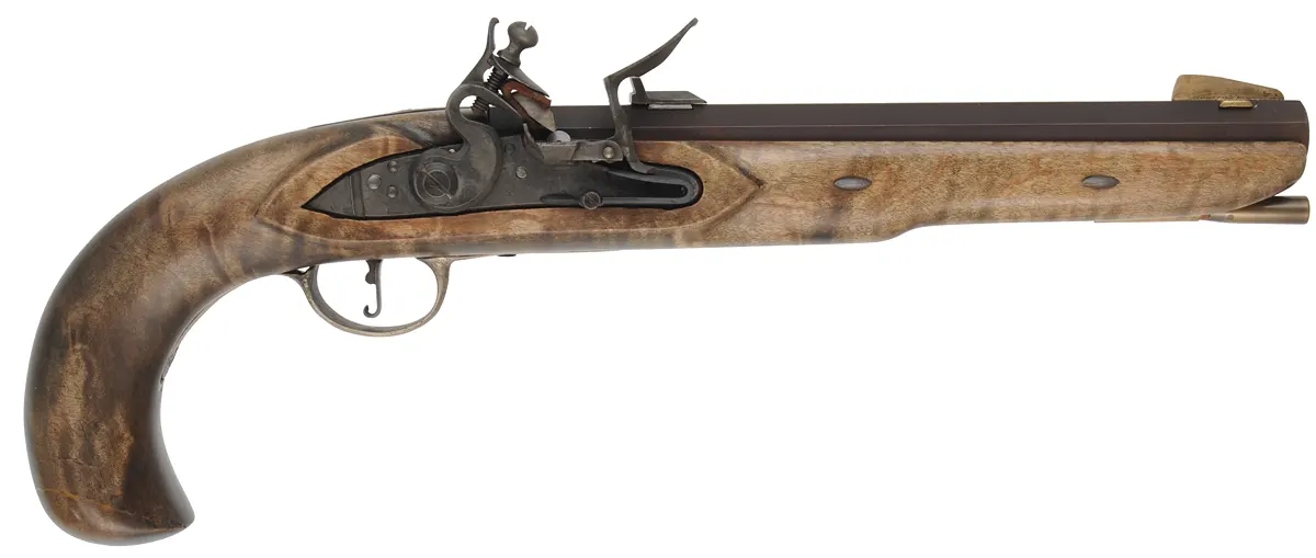 Kentucky Pistol,
.50 caliber, 10" Green Mountain barrel,
small Siler flint lock, maple, brass & nickel,
repaired grip, used 