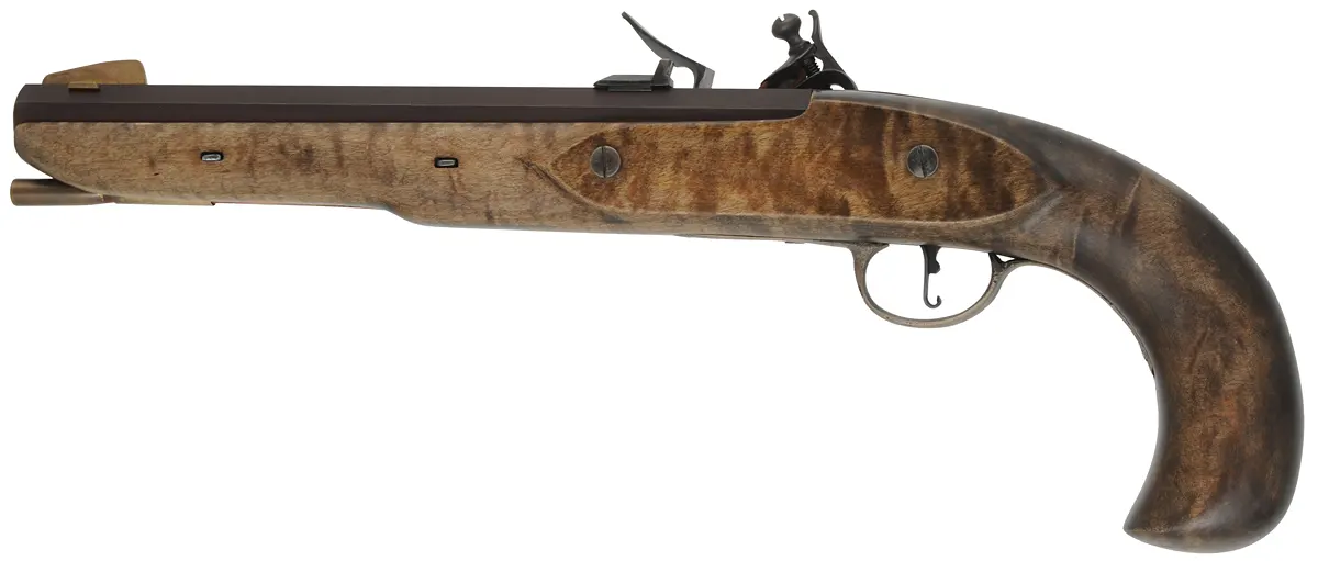 Kentucky Pistol,
.50 caliber, 10" Green Mountain barrel,
small Siler flint lock, maple, brass & nickel,
repaired grip, used 