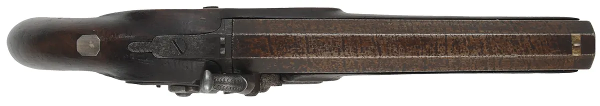 Cased Antique Pistols,
.75 caliber, 7-1/2" barrels,
percussion, walnut stock, iron trim,
marked Patrick, Liverpool
