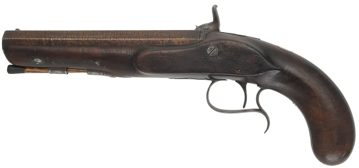 Cased Antique Pistols,
.75 caliber, 7-1/2" barrels,
percussion, walnut stock, iron trim,
marked Patrick, Liverpool
