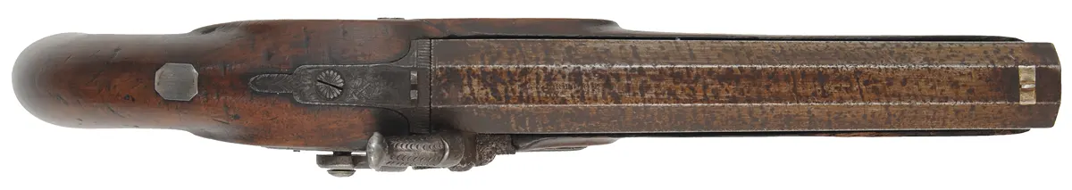 Cased Antique Pistols,
.75 caliber, 7-1/2" barrels,
percussion, walnut stock, iron trim,
marked Patrick, Liverpool
